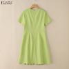 ZANZEA Women Casual Round Neck Short Sleeve Elegant Pleated Dress