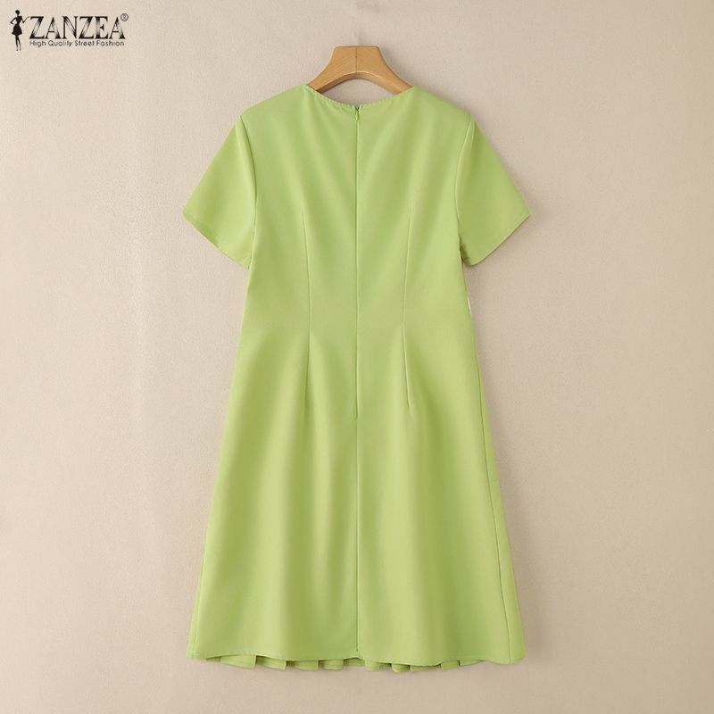 ZANZEA Women Casual Round Neck Short Sleeve Elegant Pleated Dress