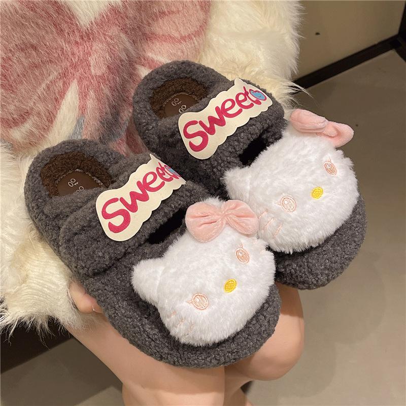 Cartoon niedliche Kai Katze flauschige Hausschuhe Damen 2025 Herbst und Winter neu dicksohlige rutschfeste Hausschuhe mit Zehenkappe aus Baumwolle