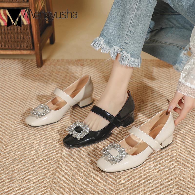 Fashion Brand Crystal Buckle High Heels Women Chunky Heel Mary Jean Pumps Leather Belt Strap Lolita Shoes Retro Ladies All Match Loafers