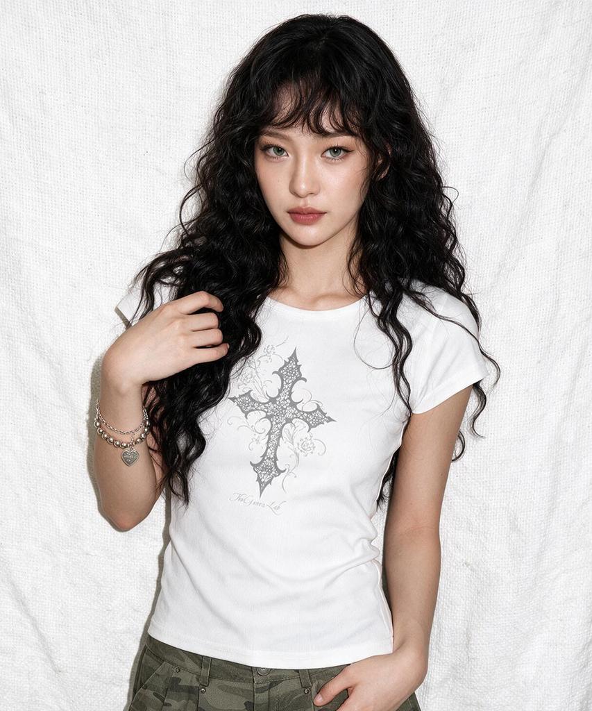 THE GREEN LAB Cross Boat Neck Slim Short Sleeve Tee [Light Pink]