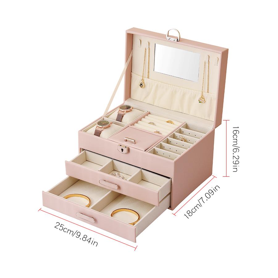 1PC, Light Luxury High-end PU Leather Diamond Three-layer Leather Jewelry Storage Box with Lock