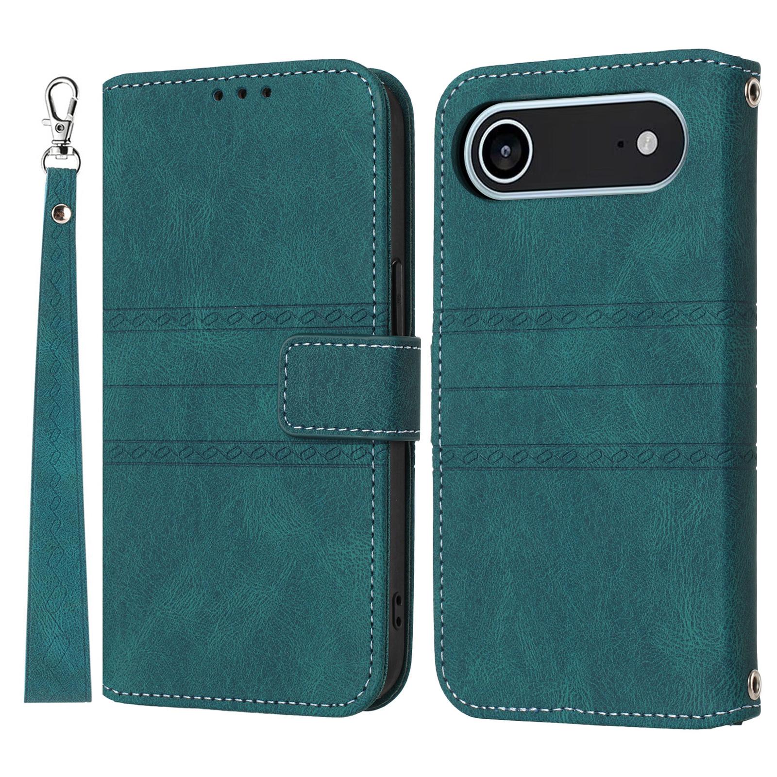 

For iPhone 17 Air Case Wallet Skin-Touch Leather Imprinted Phone Cover with Wrist Strap Blackish Green