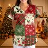 Women's Christmas Print V-Neck Short Sleeve Uniform with Pockets Loose Fit