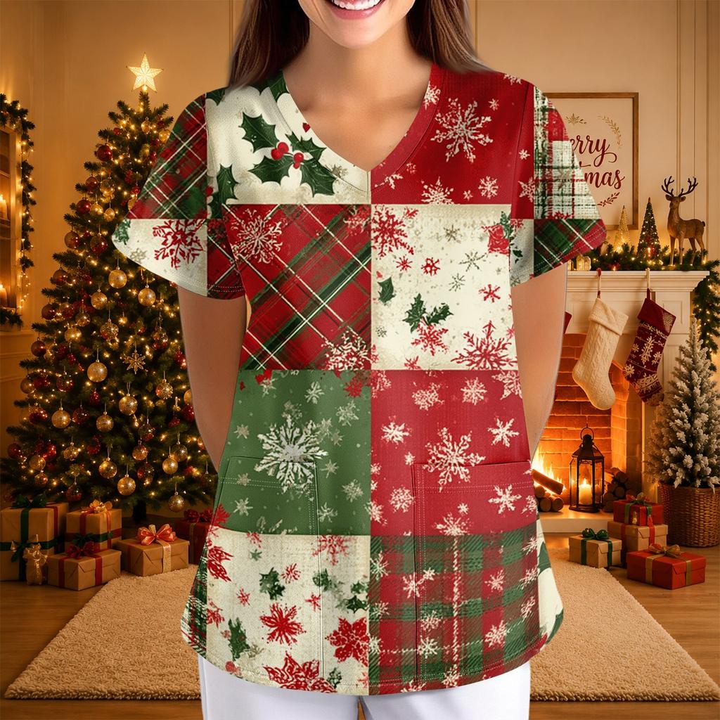 Women's Christmas Print V-Neck Short Sleeve Uniform with Pockets Loose Fit