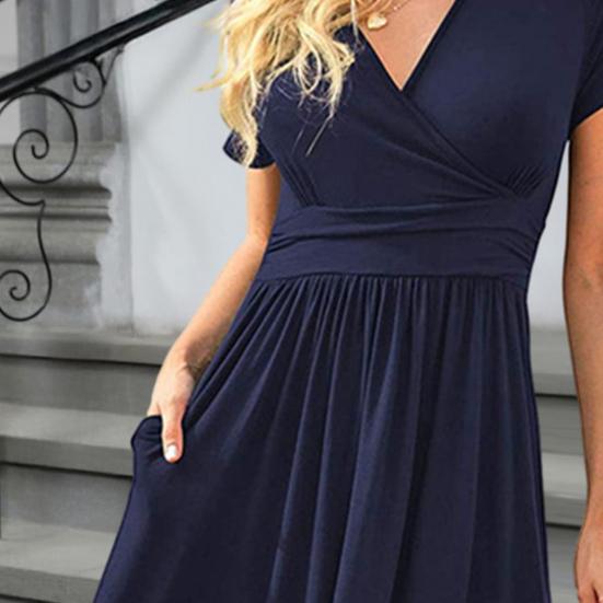 Dámské šaty s krátkým rukávem s výstřihem do V, splývavé šaty, ležérní plisované áčkové šaty s kapsami, letní plážové šaty