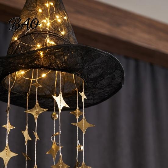 Luminous Witch Hat Lights Lighted Hanging Chime, Halloween LED Ornament with Glow Star Tassels, Magical Light for Porch Window Patio Indoor
