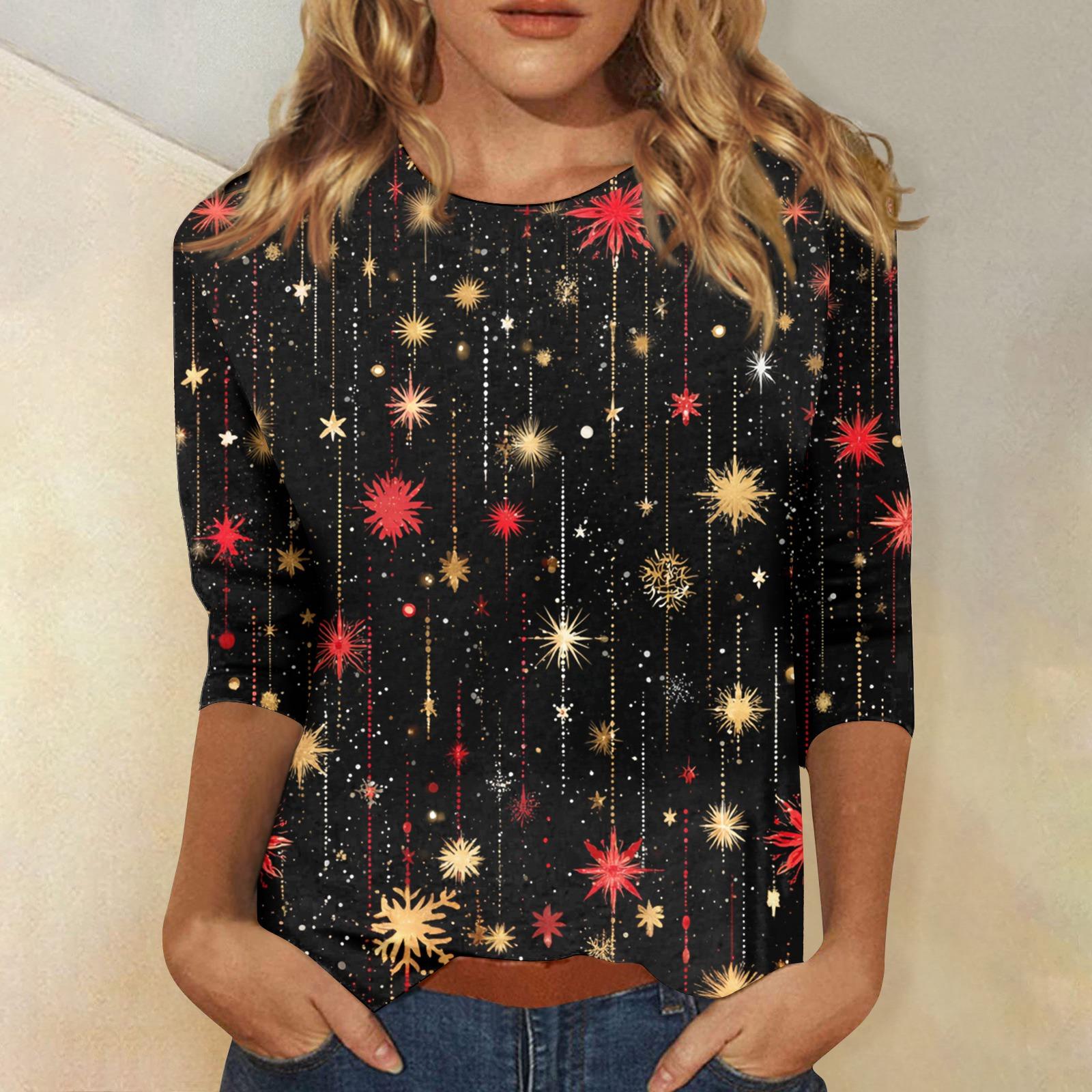 

Женские топы Рубашка с рукавом три четверти V-образный вырез Свободная повседневная рубашка Футболка с принтом L