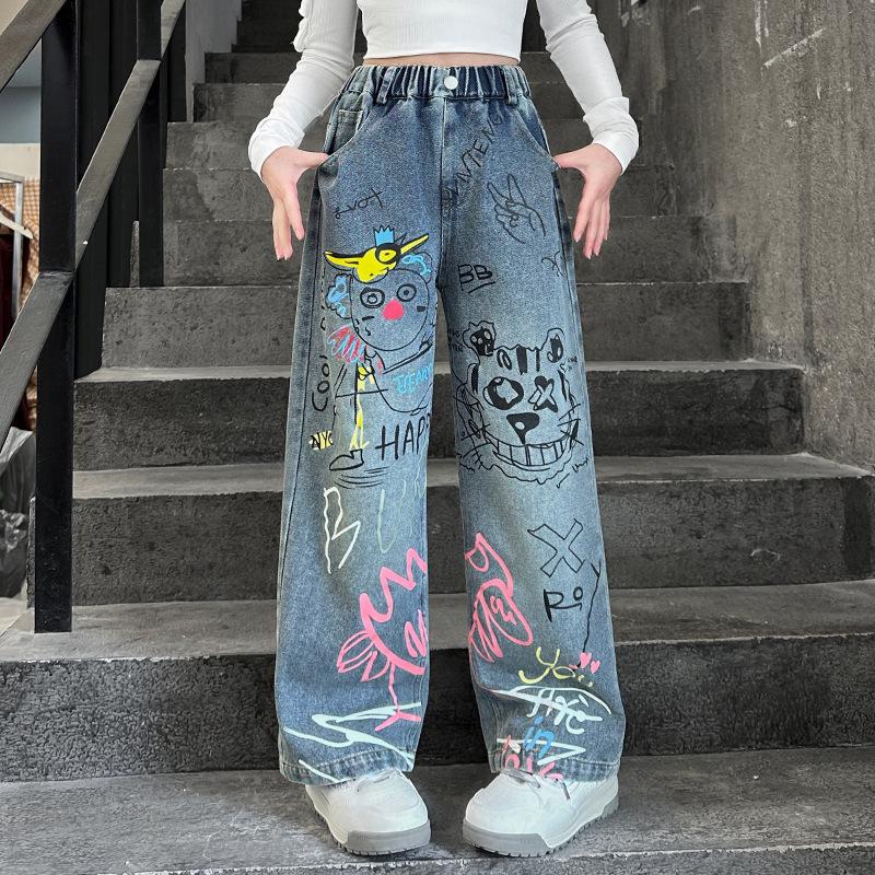 Girls' Stylish Graffiti Wide-Leg Denim Jeans - Spring & Autumn Street-Style Loose Fit for Big & Middle Kids