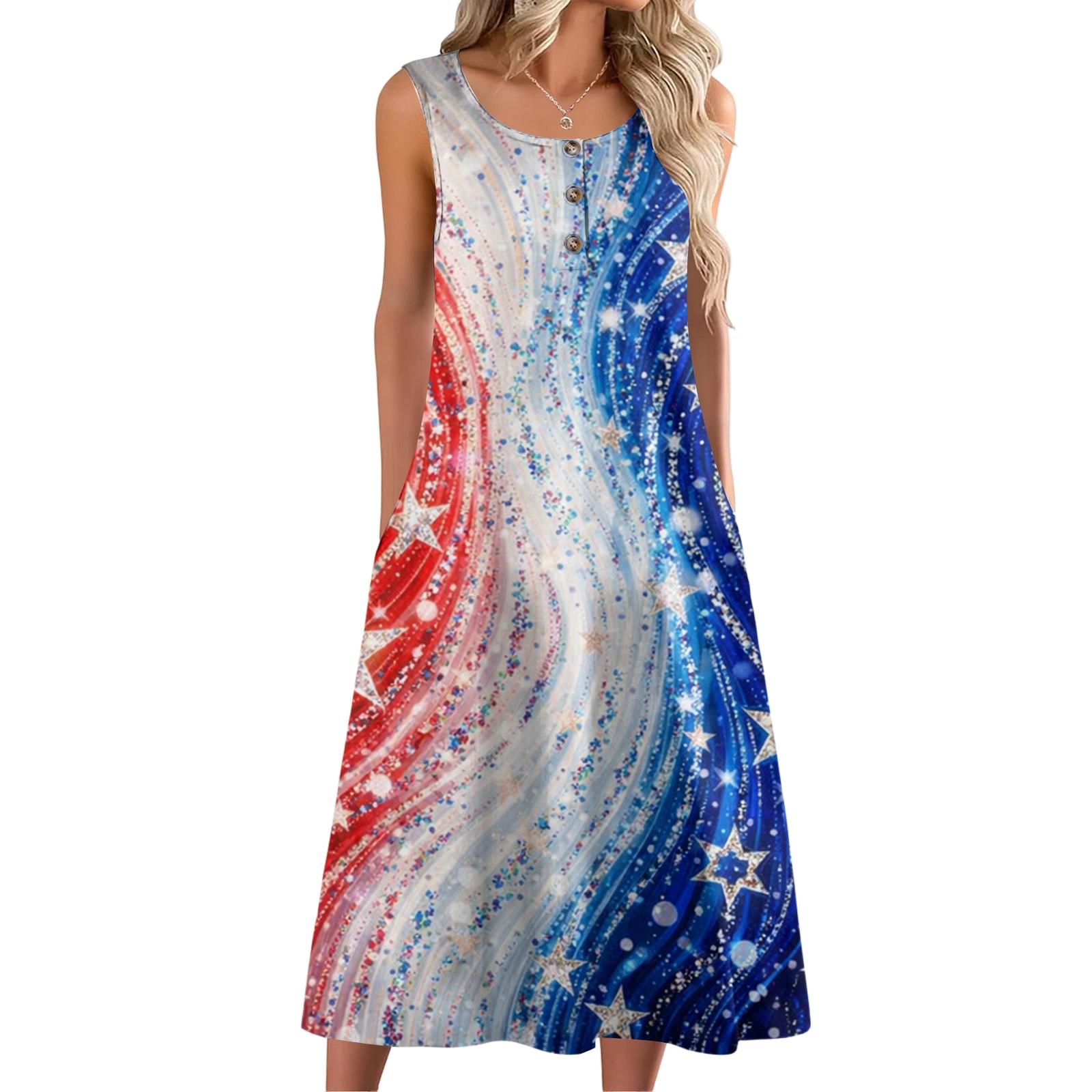 

Women Fashion Casual Sleeveless Button Independence Day Printed Dress With Pocket S білий