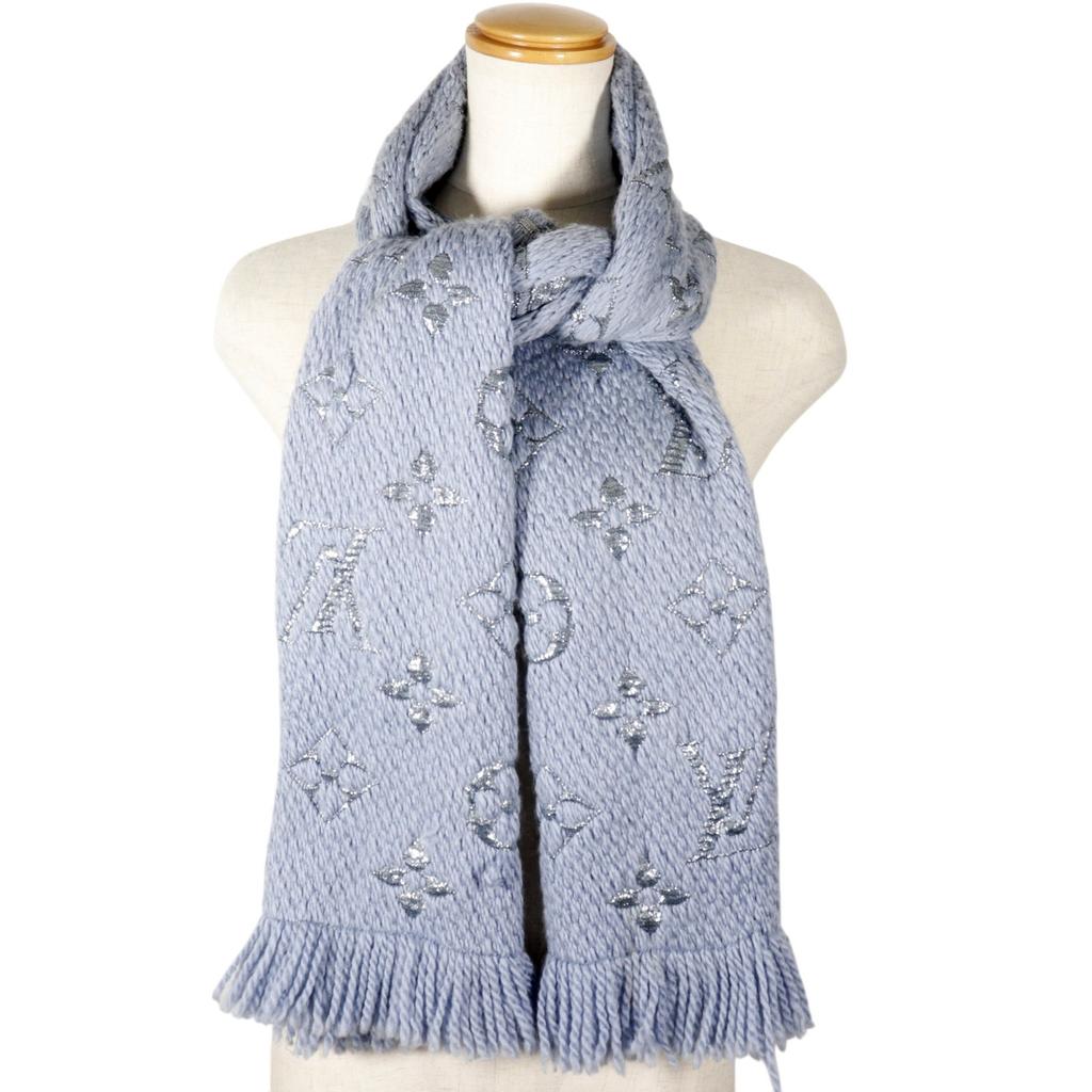 LOUIS VUITTON Escalp Logo Mania Shine Scarf M71166 light blue wool Women Used