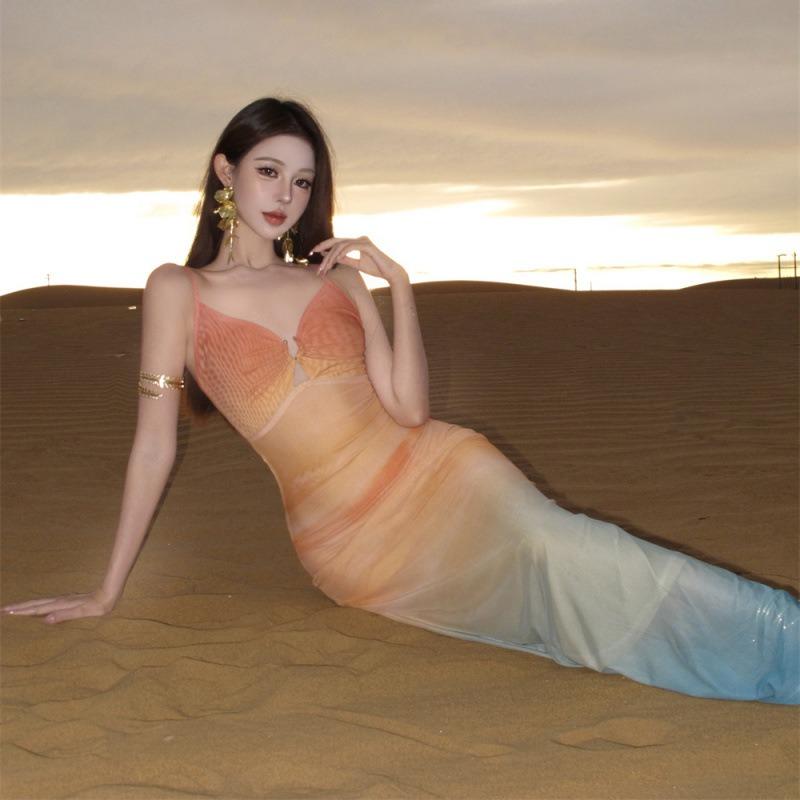 Vietnamese Sexy Babes Summer Wear Seaside Vacation Mesh Printing Suspender Dress Hip Skirt