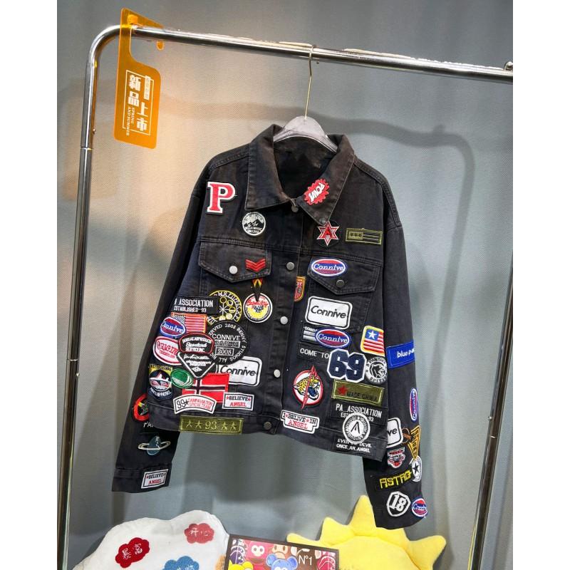 Womens Oversized Denim Jacket With Patch Letters Hip Hop Style Loose Fit Outerwear