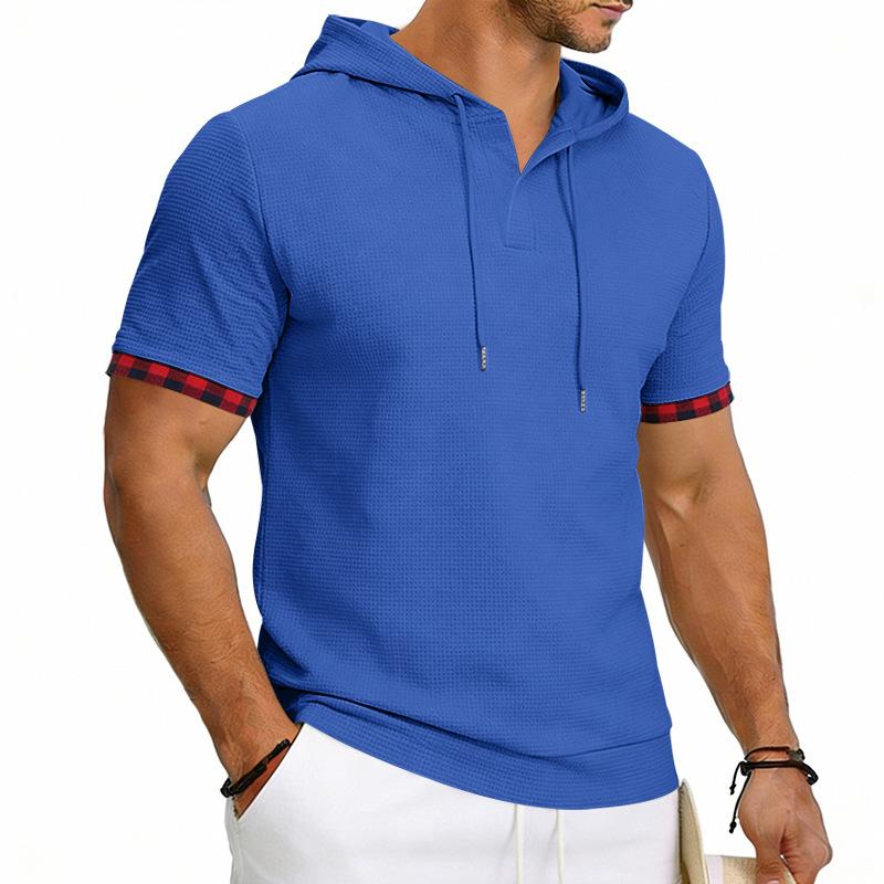 Men's Hooded T-Shirt Short Sleeve Contrast Plaid Cuff Drawstring Breathable Casual Pullover Tops Summer Hooded Tees Men