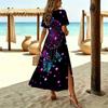Women Fashion Round Neck Vintage Pattern Printed Short Sleeve Side Slit Dress Casual Vacation Dress Long Loose Dress