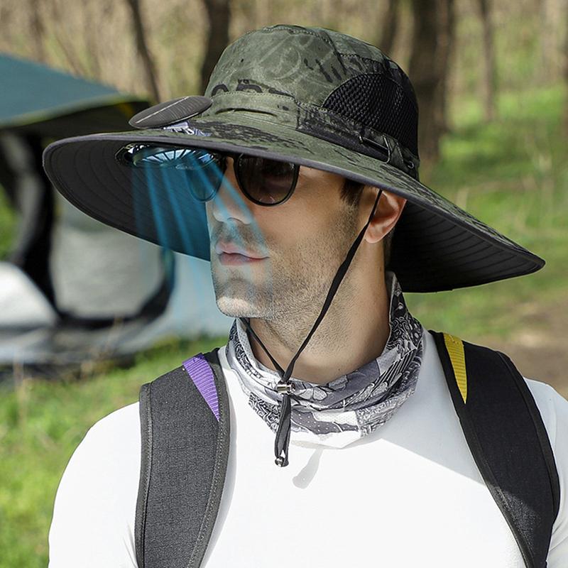 

Solar Rechargeable Single Fan Fisherman Hat Outdoor Big Brim Sunscreen Quick Dry Fishing Hat Portable Mute Fan Caps For Man as the picture