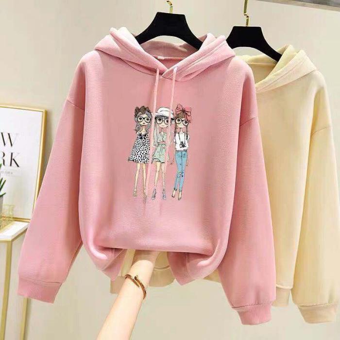 Korean Style Women's Fleece-Lined Hooded Sweatshirt, Plus Size, Loose Fit, Long-Sleeved, for Autumn and Winter.