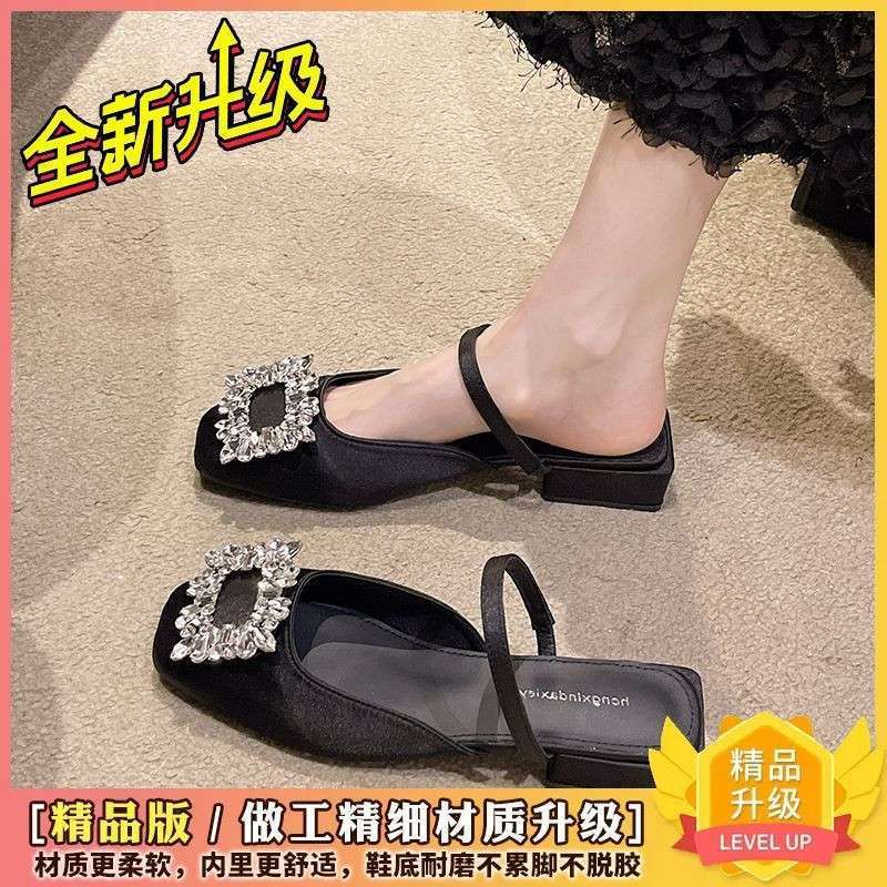 French thick heel bag head slippers fairy shoes 2025 new summer square head rhinestone Mary Jane shoes