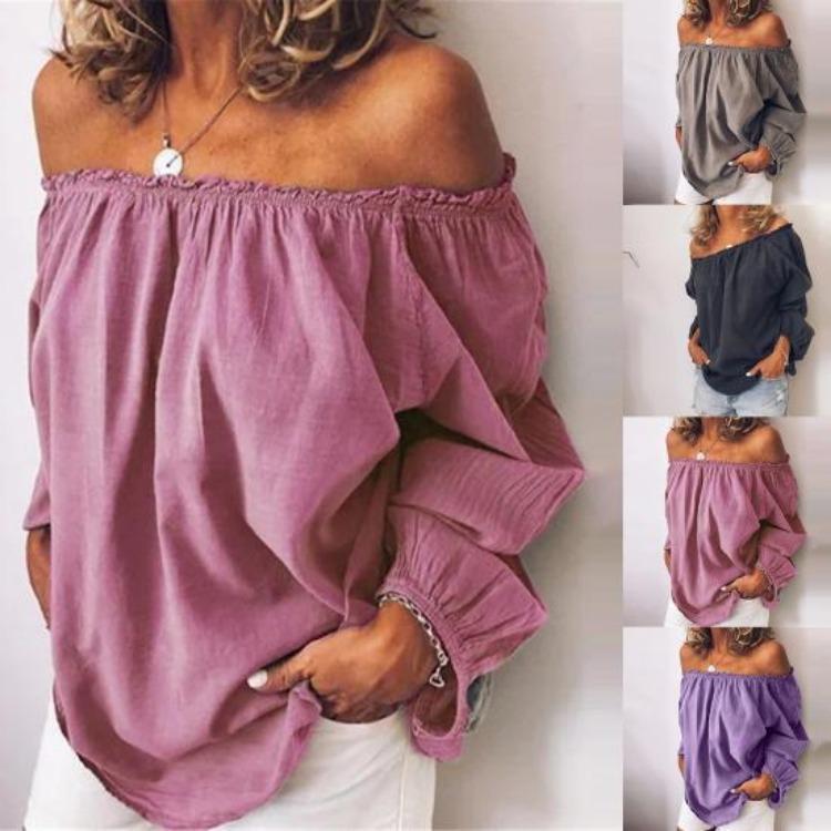 Party Top Autumn Winter Solid Color Women Blouse Pleated Off Shoulder Long Sleeve