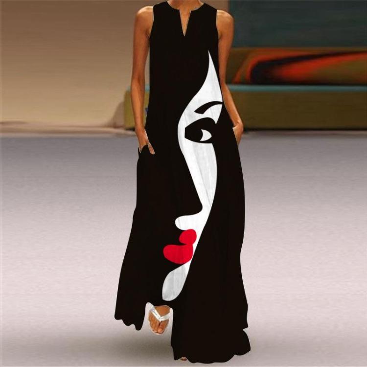 2024 Summer Fashion Women's V-Neck Sleeveless Long Dress European American Style Printed
