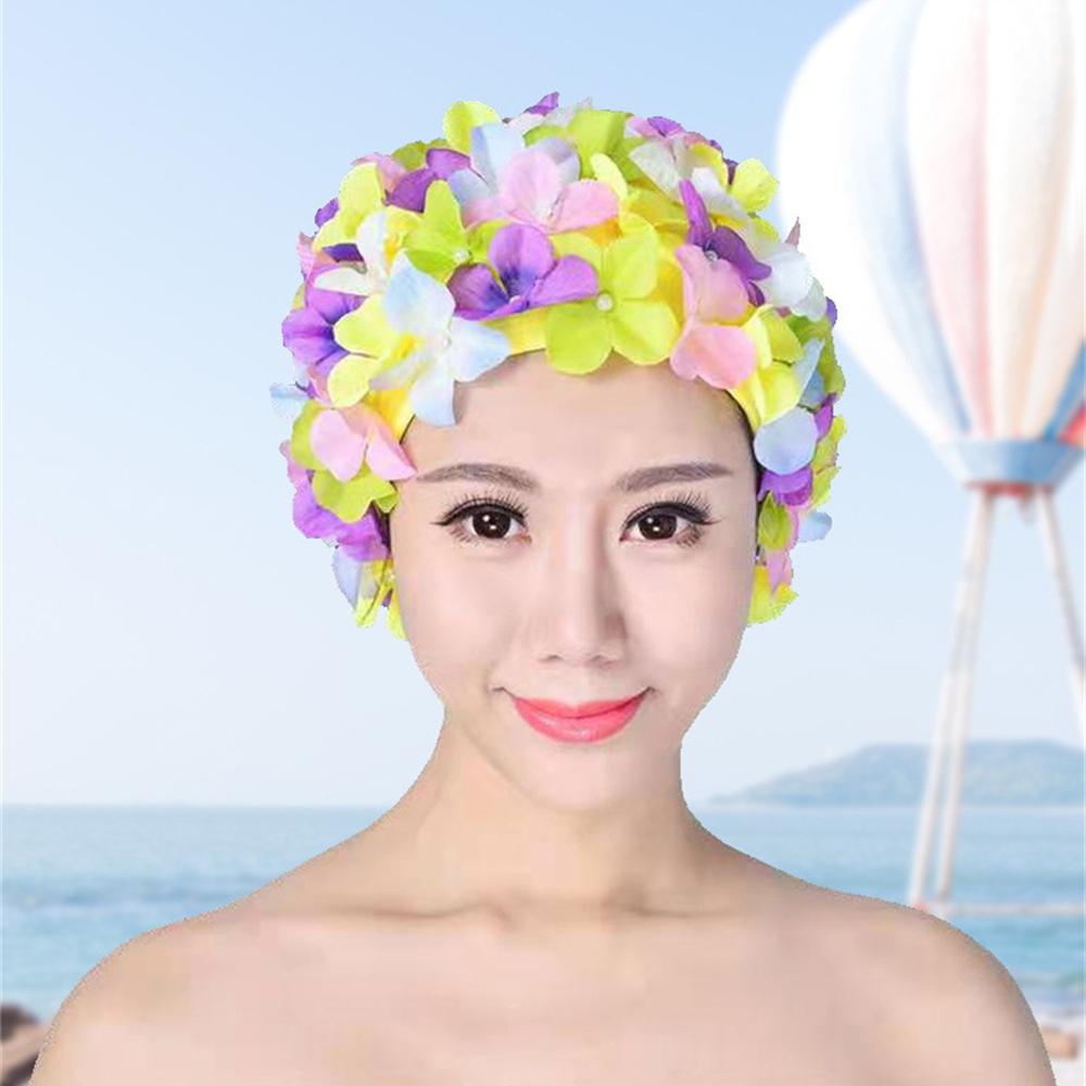 Women's Pleated Flower Swimming Cap Free Size Soft Long Hair Breathable Shower Cap Beach Surfing Protect Ears Elastic Caps Cozy
