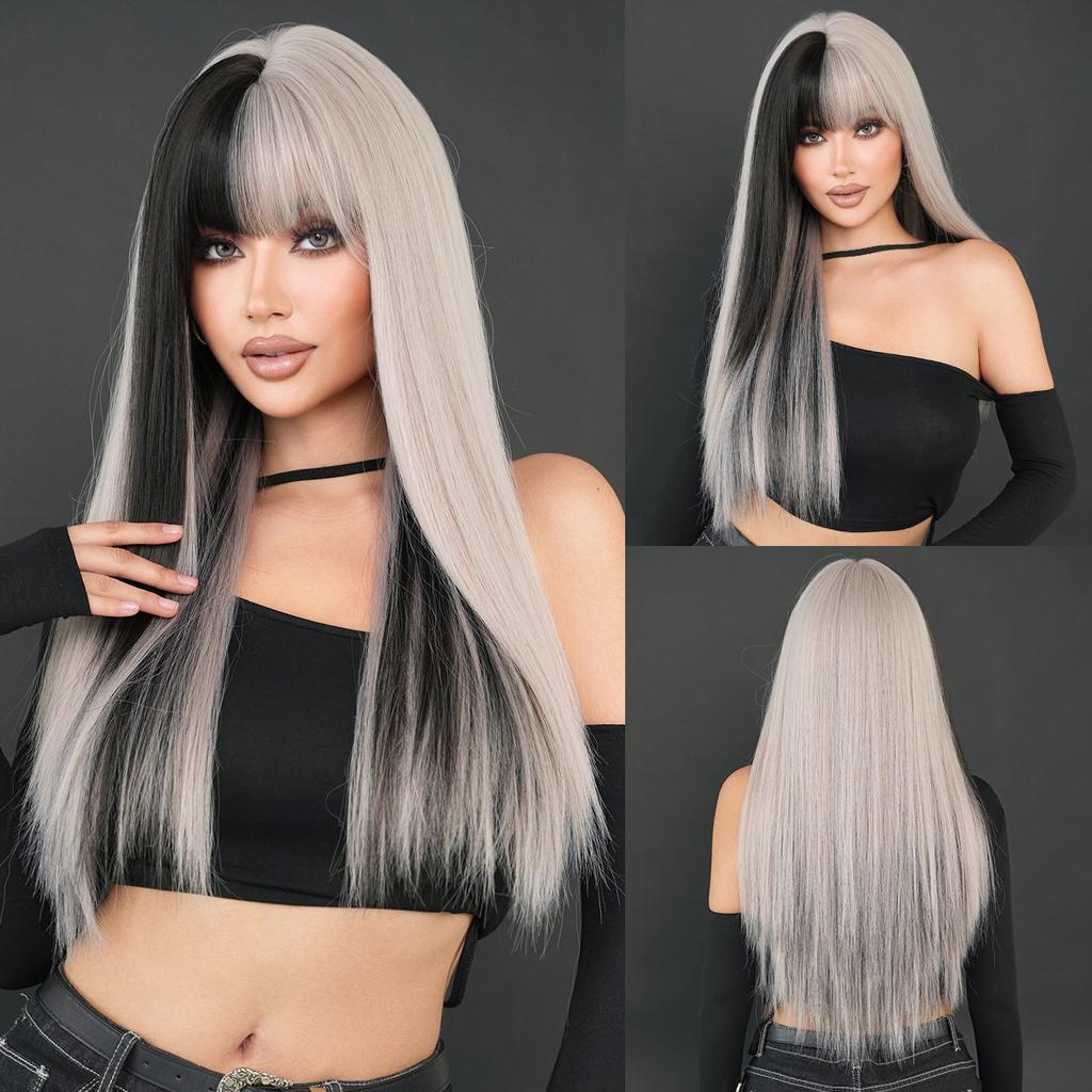 Multi Colored Optional Long Straight Hair With Bangs Wig Women's Full Head Set Natural Synthetic Matte High-temperature Silk