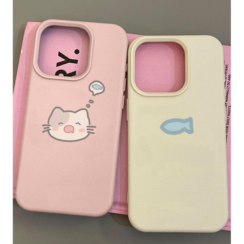 Simple Kitten and Fish Suitable for Apple 16promax Couple Phone Case IPhone 14 Lychee Pattern
