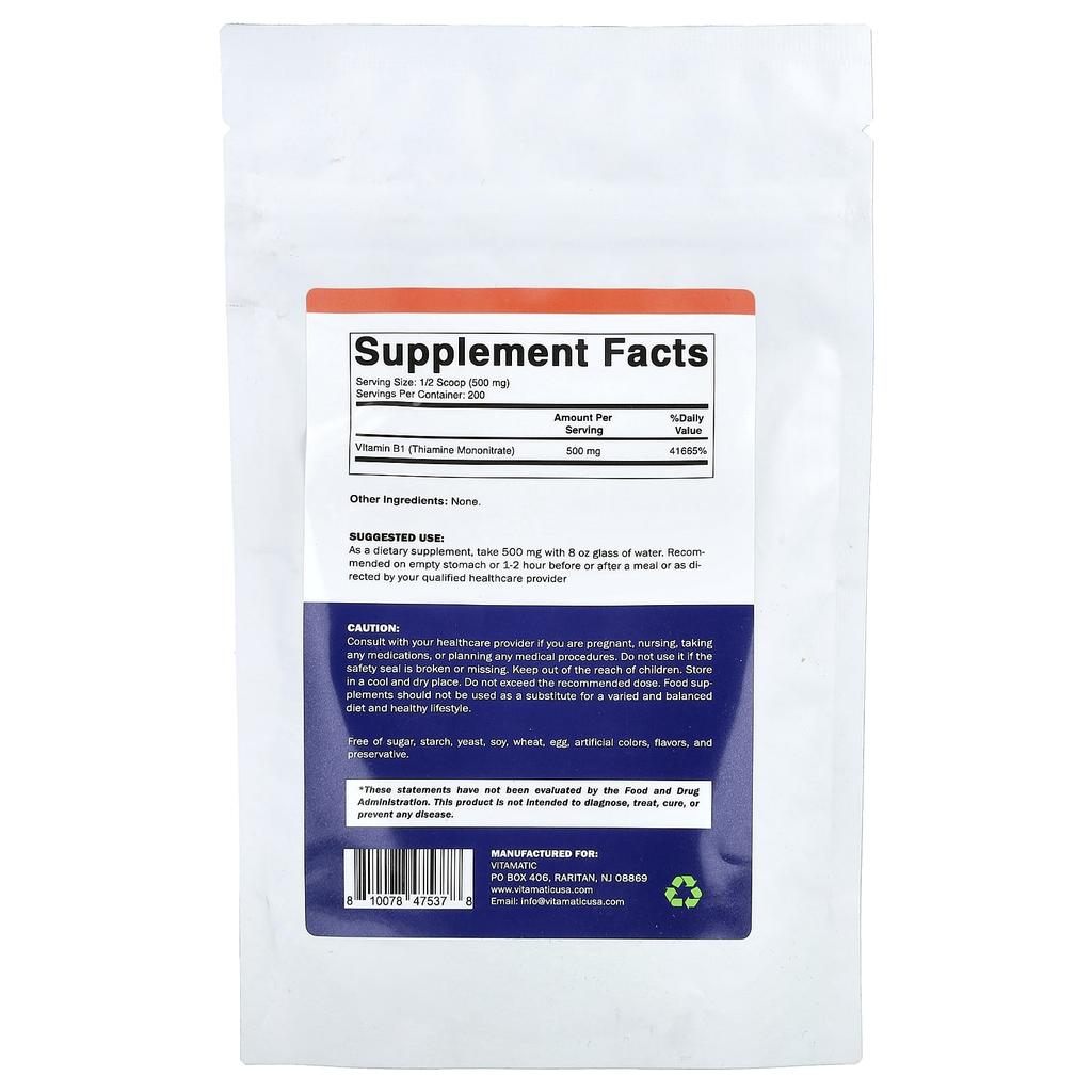 Vitamatic Vitamin B1 Powder, Unflavored, 100g (3.5oz)