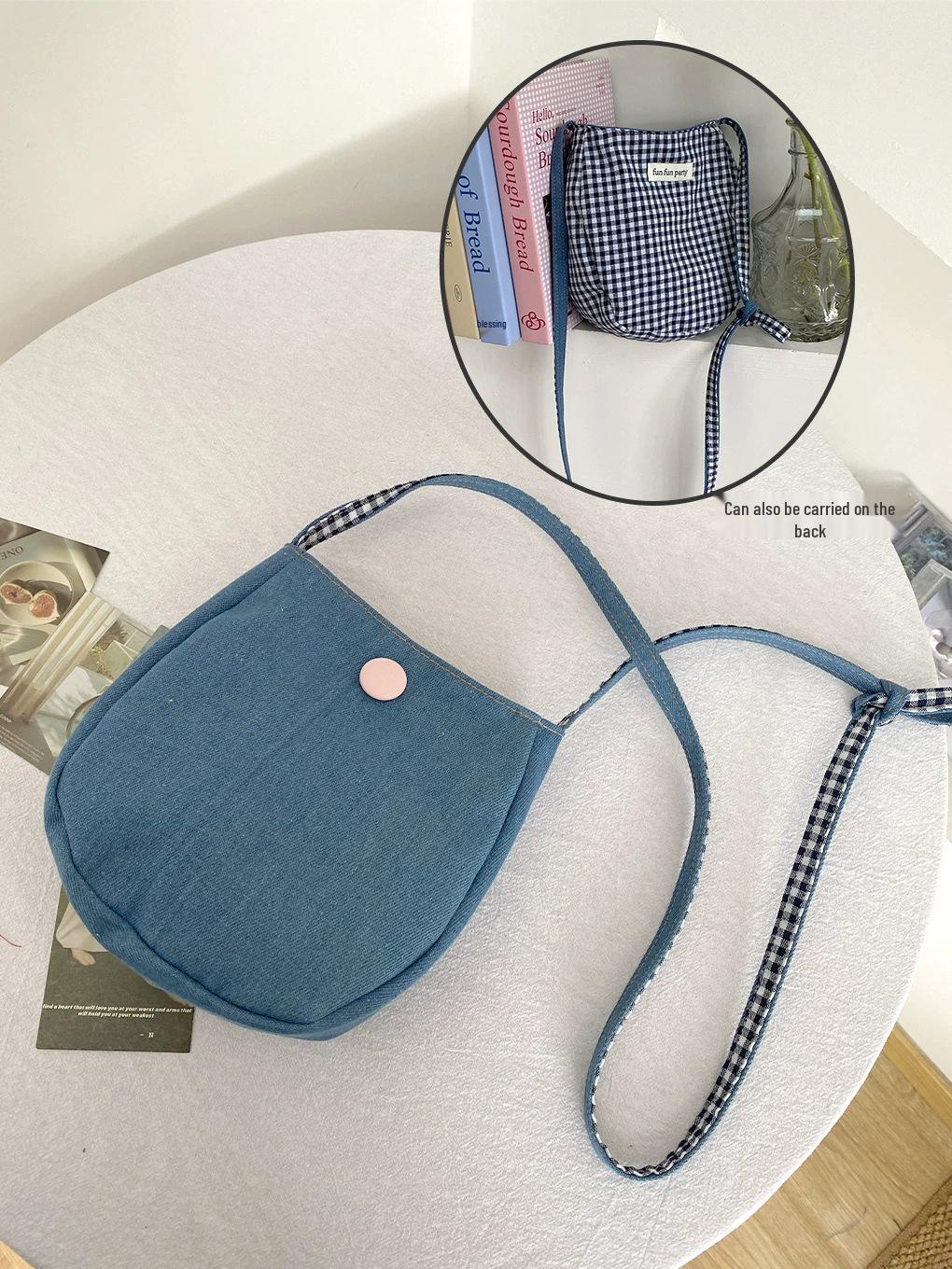 

Милая джинсовая сумка-кроссбоди в виде омлета - Женская универсальная маленькая сумка для мобильного телефона с японской клеткой, двусторонняя.