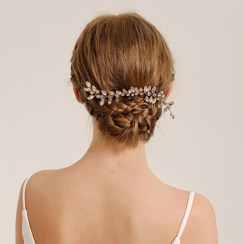 Wedding Hair Accessories Gold Rhinestone Hair Comb Wedding Banquet Updo Hair Ornaments Crystal Leaf Bridal Comb