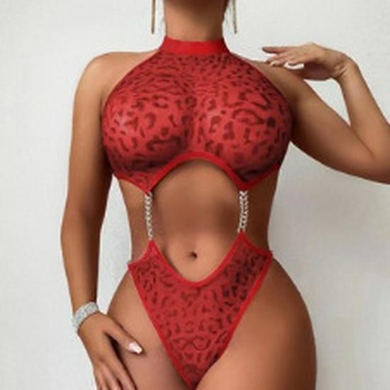 Leopard Print Sexy Lingerie Set: Flirty Hollowed Bodysuit for Nightclubs