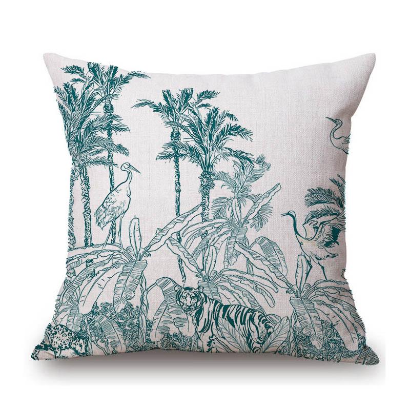 Toile De Jouy Jungle Animals Tiger Giraffe Tiger Crane Birds Navy Blue Greenish Pattern Decorative Pillow Case Car Cushion Cover
