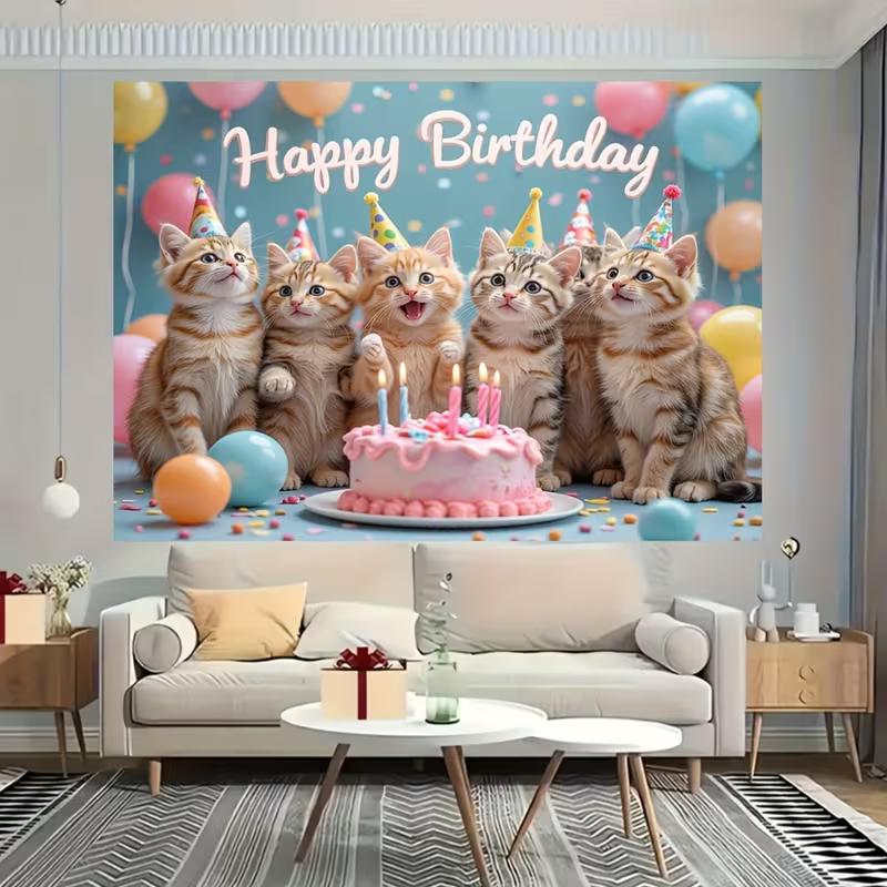 Tela de Fondo 2D Feliz Cumpleaños Gatitos, Fondo Azul para Fiesta para Vlog y Transmisión en Vivo