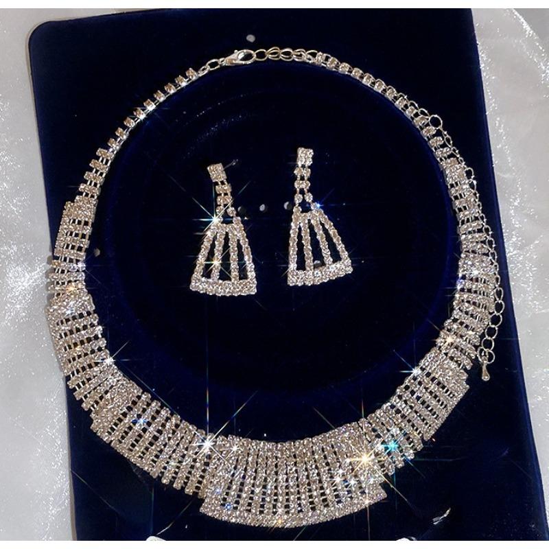 Meier Diamond-encrusted trapezoid earrings and necklace, cold style heavy industry jewelry suit