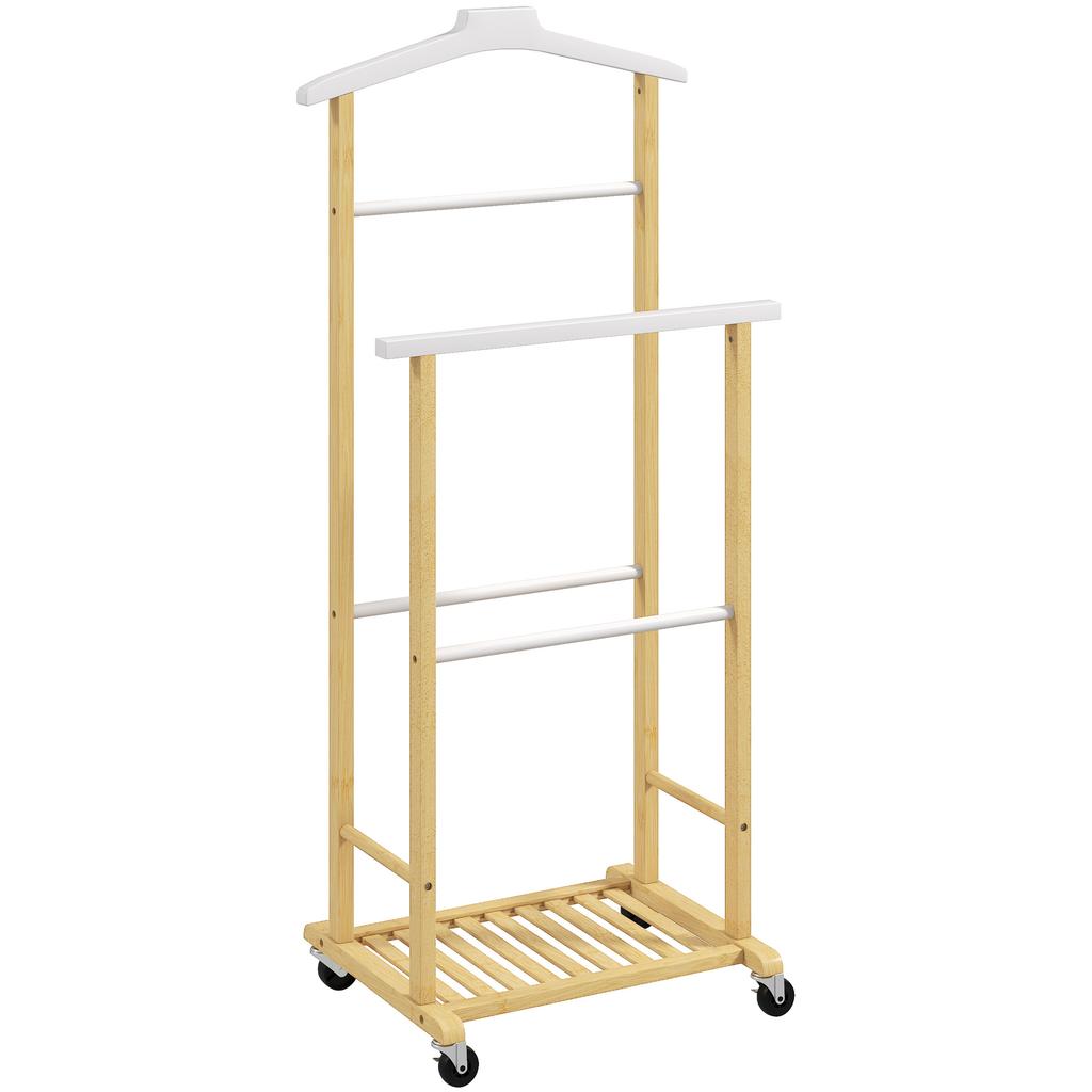 Bamboo Valet Stand with Wheels, Top Hanger, Trouser Bars and Shoe Shelf, Natural & White