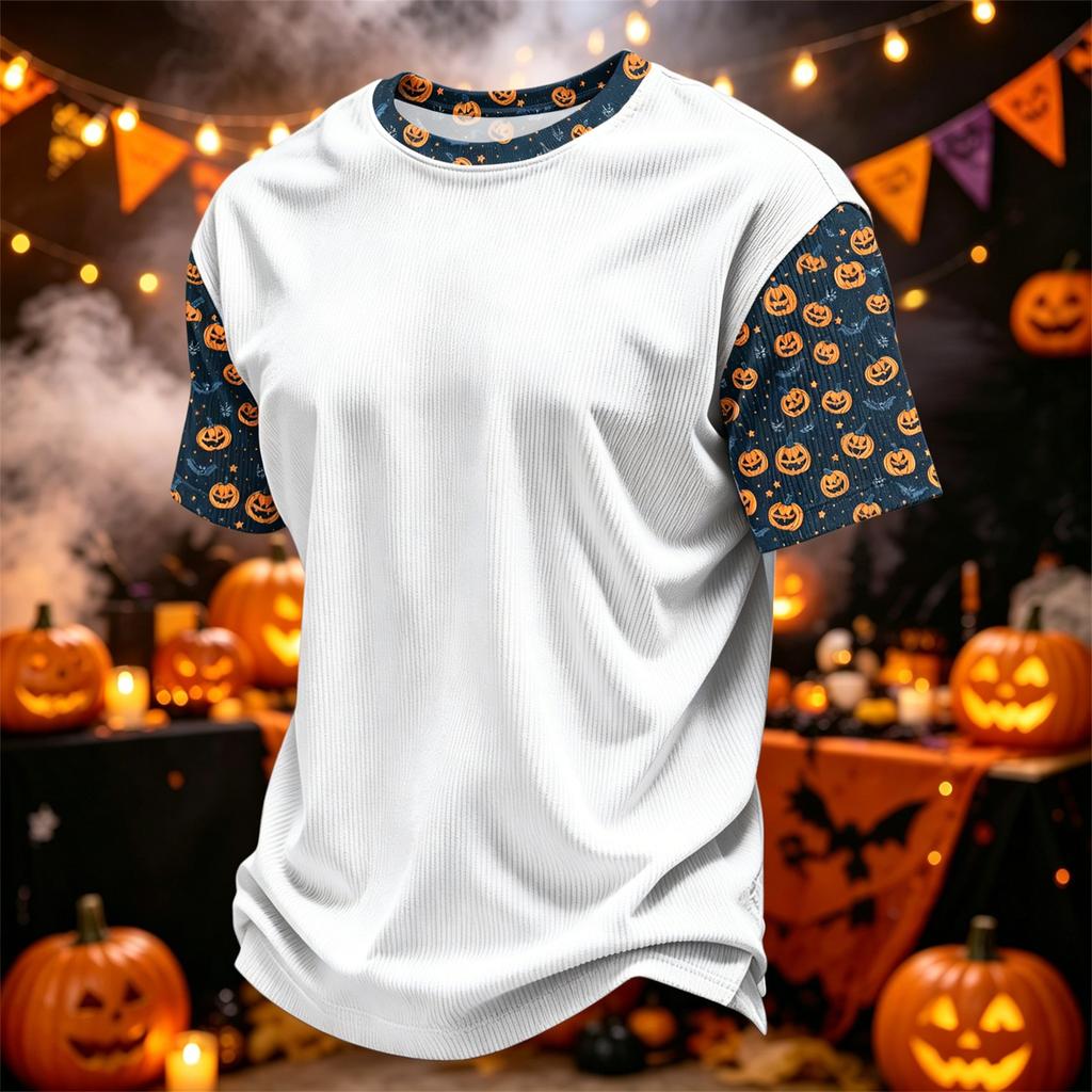 Herren Freizeit Corduroy Kurzarm T-Shirt Leicht Atmungsaktiv Rundhals Oberteil mit Halloween Print Ärmeln und Kragen Design