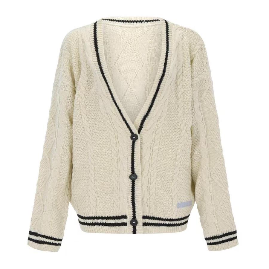 Ribbed Knit Cardigan Sweater with Embroidery - Autumn Solid Color Long Sleeve Women's Coat