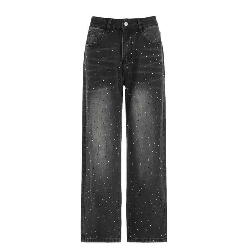 Wasch-Farbverlauf Funkelnde Strasssteine Gerade Beine Ausgestellt Schlankmachende Einzigartige Denim Jeans Für Damen