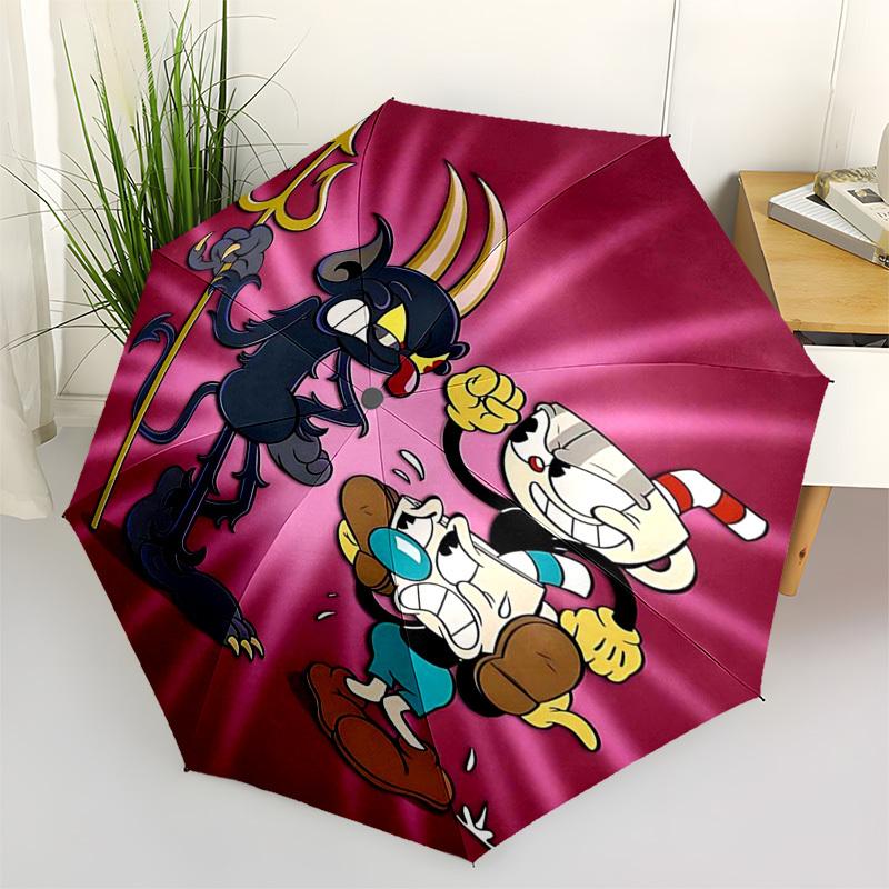

1pc Cuphead & Devil Design Outdoor Umbrella - Automatic Opening/Closing, Portable 3-Fold Design with 8-Rib Iron Frame - Perfect Gift for Cuphead Fans,