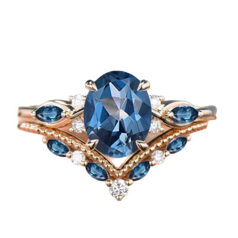 Self-developed New Gold-plated Inlaid Blue Zircon Pair Ring European and American Fashion Wedding Ring Colored Diamond Jewelry