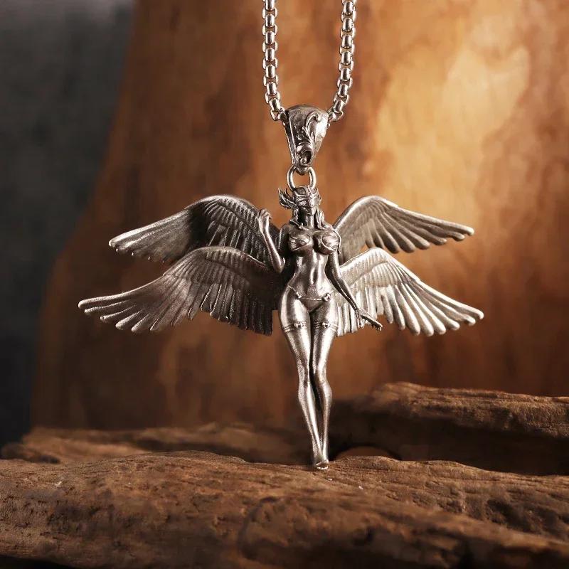 Vintage Gold Wings Wings Necklace Hell Devil Mother Pendant for Men and Women Couples Hip Hop Rock Punk Jewelry