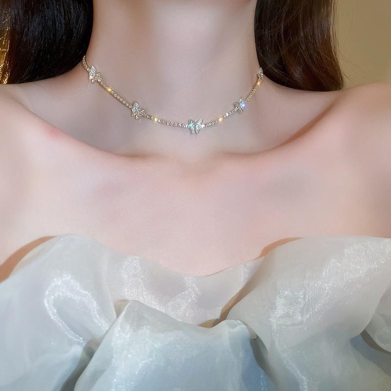 Butterfly Drop Oil Pearl Faux Crystal Necklace Versatile High-end Clavicle Chain Niche Design Jewelry Women