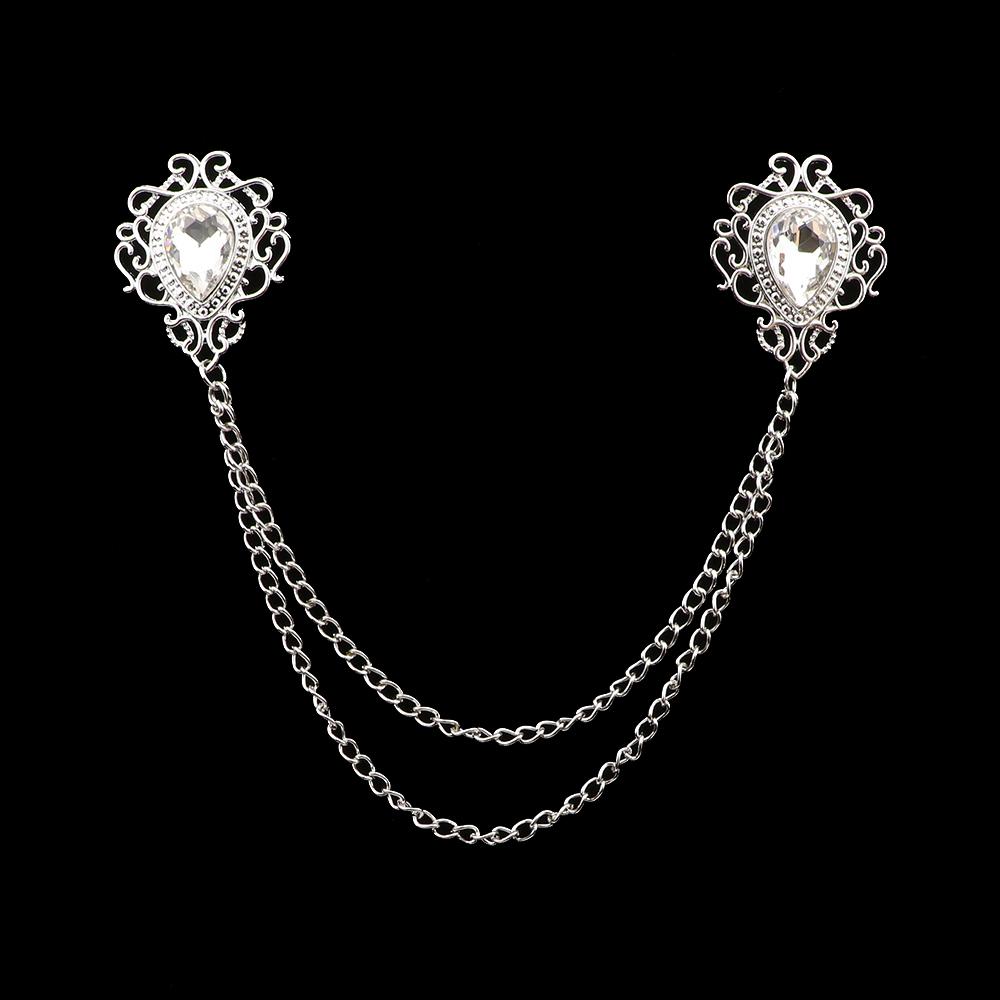 Fashion Gentleman Tassel Brooch For Men Suit Shirt Collar Crystal Cross Chain Lapel Pin Rhinestone Retro Wedding Accessories