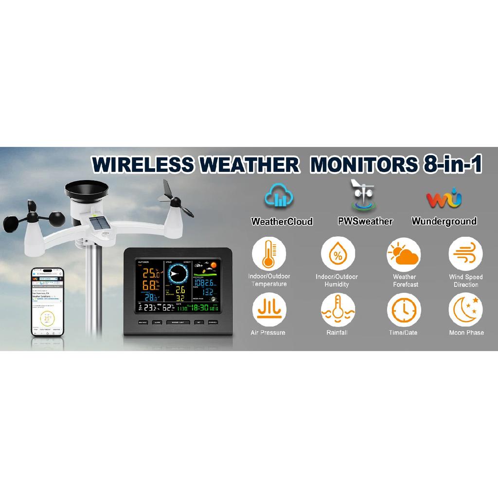 Stazione Meteorologica Wireless 8-in-1 con Sincronizzazione WiFi Sensore Esterno Alimentato a Energia Solare Temperatura/Umidità/Vento/Pioggia/Pressione in Tempo Reale per la Casa