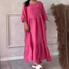 2024 EU & US Style Women's Round Neck Gathered Long Sleeve Drawstring Back Tie Solid Casual Dress