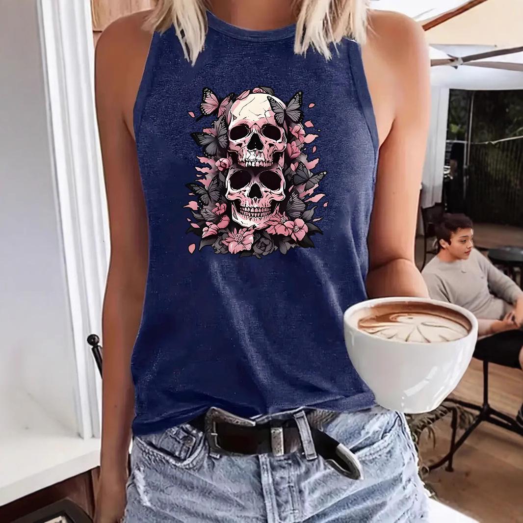 

Women s Casual Sleeveless Floral Skull Tank Top M темно-синий