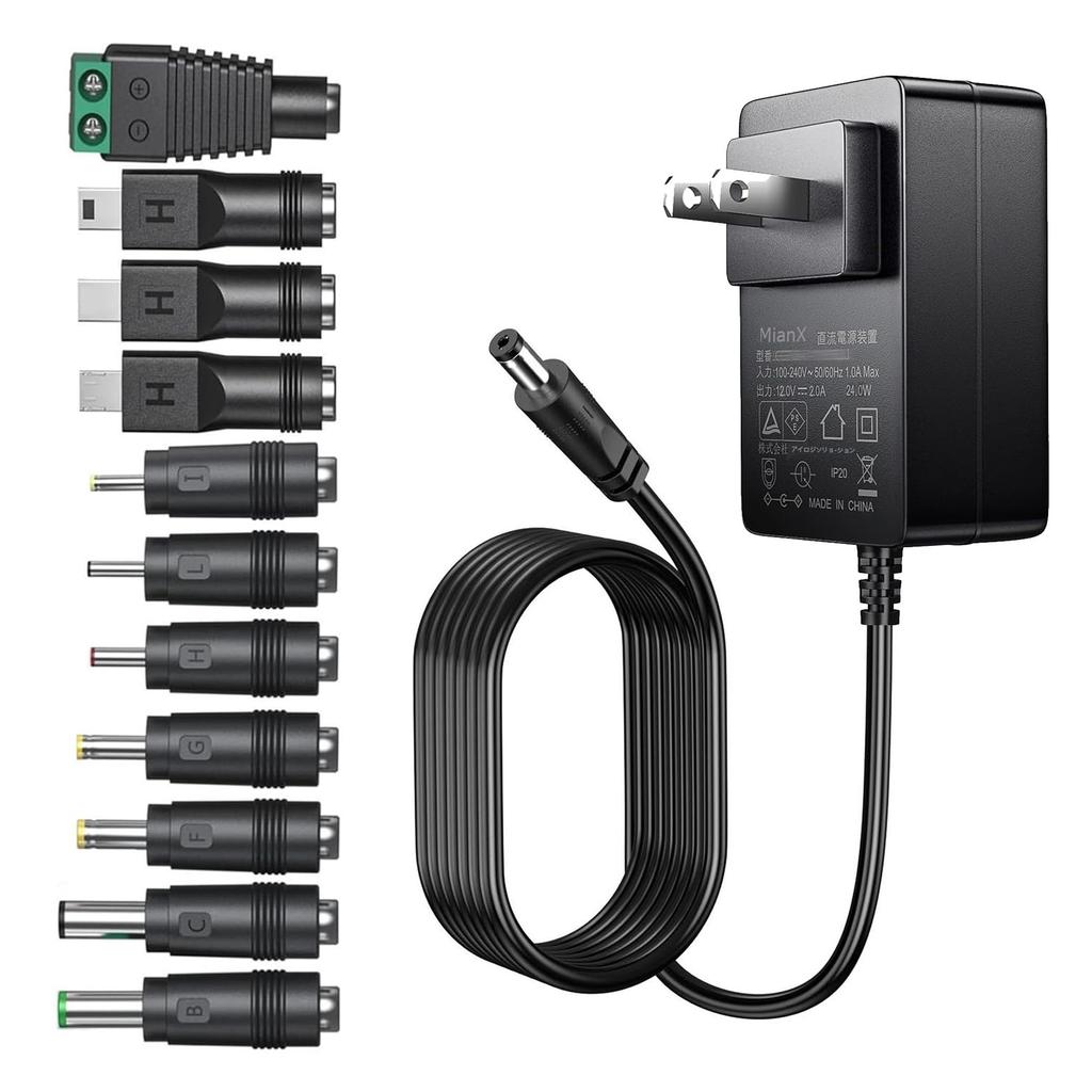 12V 2A Power PSE To 11 Types of DC Connectors Lightweight and Compact Charger for Security LED Wireless and Tablets Adapter, Certified, AC100-240V