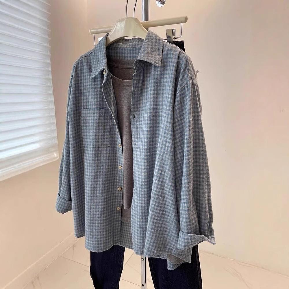 Korean Vintage Polished Blue Plaid Long-sleeved Shirt Women's Spring and Autumn New Loose and Lazy Top