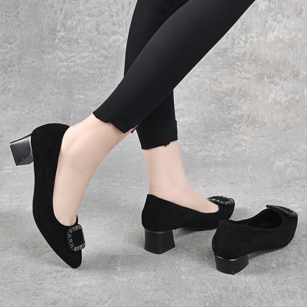 Pointed Autumn New Black Temperament Thick Heel Small Single Shoes Sheepskin Square Buckle Shallow Mouth Women's Shoes