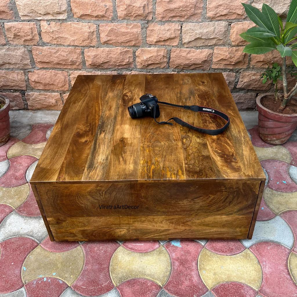 Wooden Central Side Desk Drawer Coffee Table | Indian Bedside Nightstand Bedroom Furniture | Solid Wood with Hidden Storage | Center table